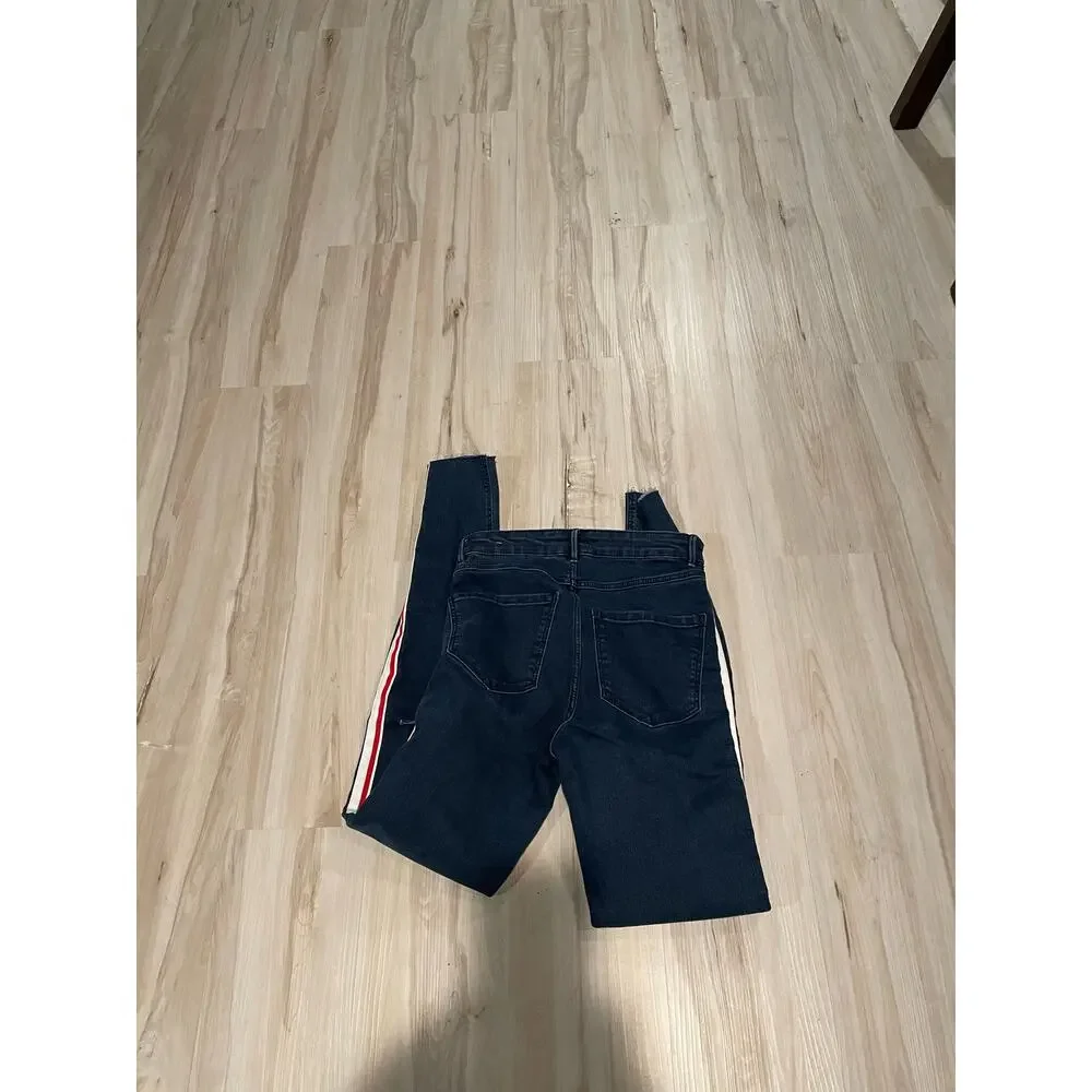 Zara Trafaluc dark skinny jeans red and white striped distressed denim size 4